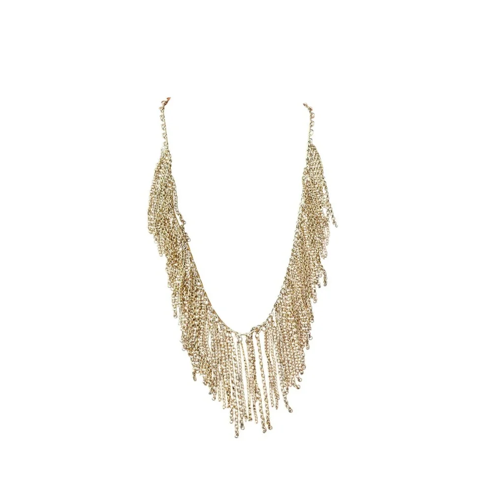Gold Multi Strand Fringe Bib Statement Necklace Cascading Chain Boho Glam